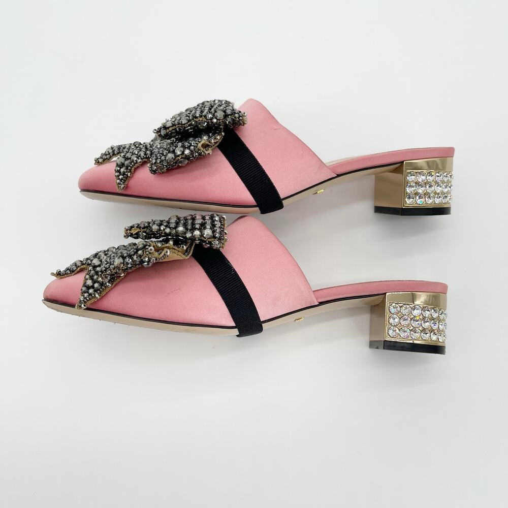 Gucci Candy Pink Silk Removable Crystal Embellished Bow Block Heel Mules EU 37 - Picture 4 of 16